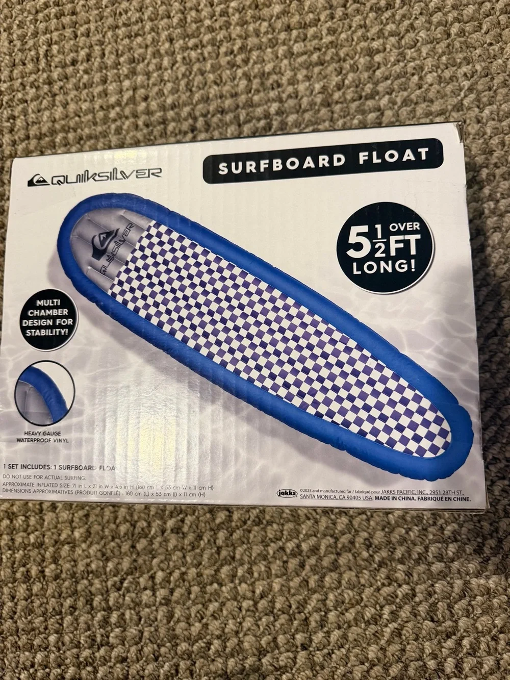 NWT Quiksilver Blue and White Check Inflatable Surfboard Float
